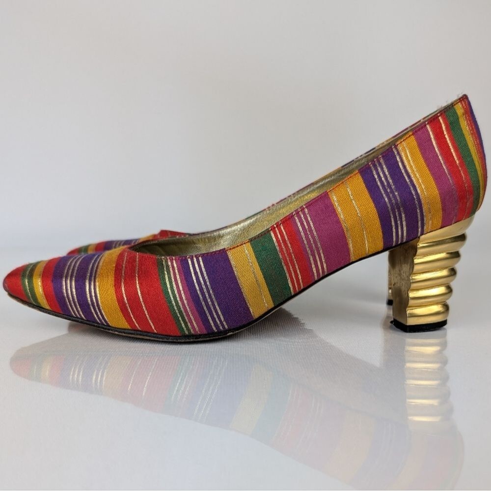 Vintage Timothy Hitsman Women's 5.5M Multicolor Striped Heels Gold Heel